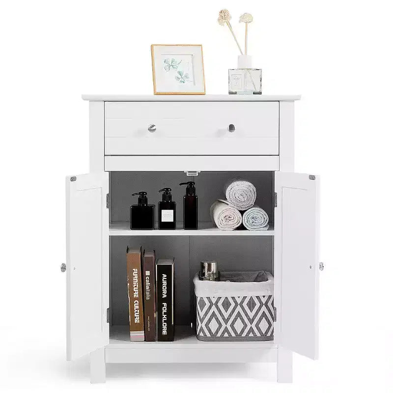 Meuble de Rangement Salle de Bain Autoportant Grand Tiroir avec Étagère Réglable Blanc