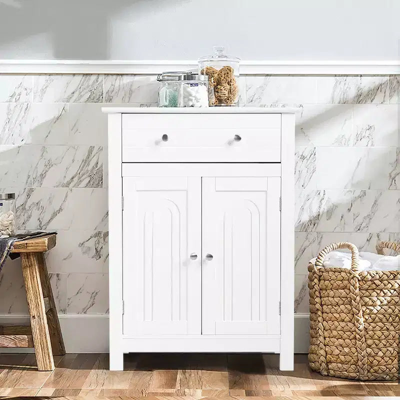 Meuble de Rangement Salle de Bain Autoportant Grand Tiroir avec Étagère Réglable Blanc