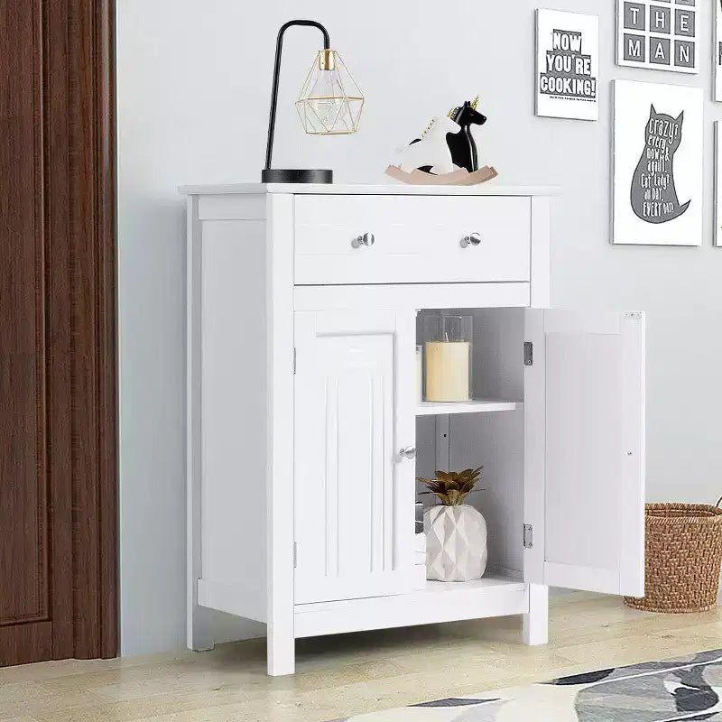 Meuble de Rangement Salle de Bain Autoportant Grand Tiroir avec Étagère Réglable Blanc