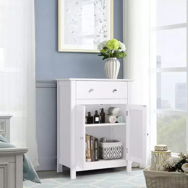Meuble de Rangement Salle de Bain Autoportant Grand Tiroir avec Étagère Réglable Blanc