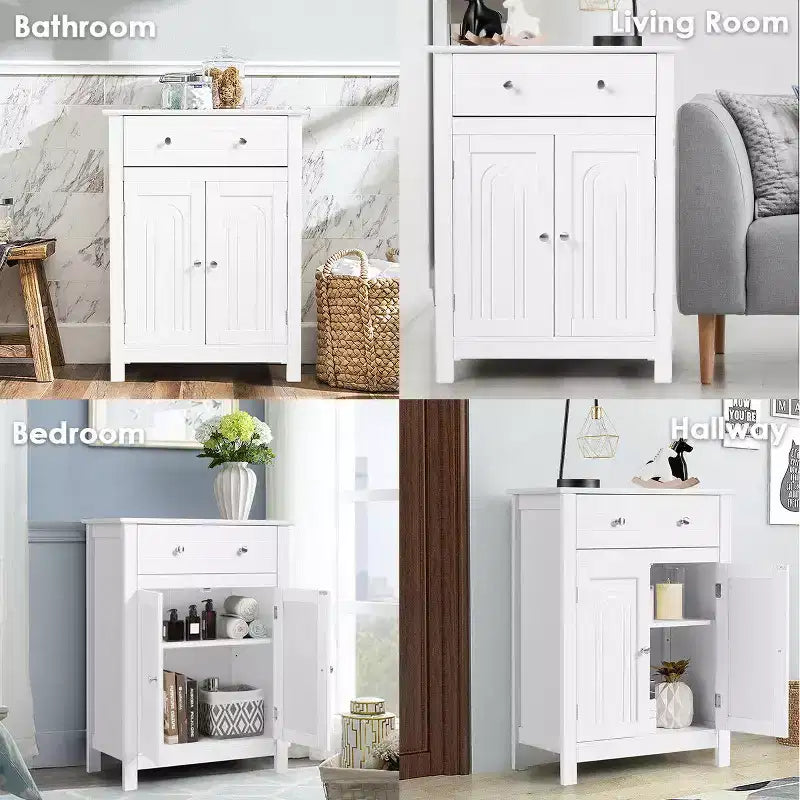 Meuble de Rangement Salle de Bain Autoportant Grand Tiroir avec Étagère Réglable Blanc