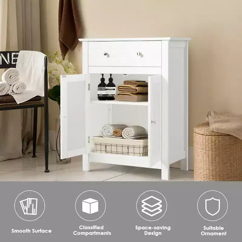 Meuble de Rangement Salle de Bain Autoportant Grand Tiroir avec Étagère Réglable Blanc