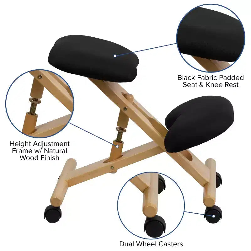 Chaise de bureau ergonomique mobile à genoux en bois avec tissu noir