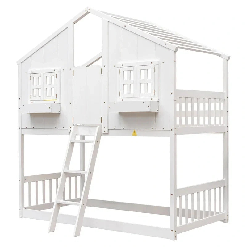 Lit superposé cabane jumeau sur jumeau avec toit, fenêtre, jardinière, porte, barrières de sécurité et échelle, gris