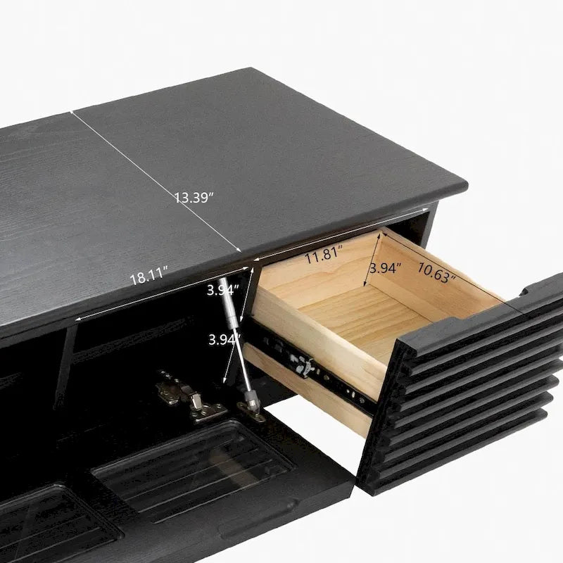 Meuble TV minimaliste avec tiroirsConsole multimédia en bois massif avec placards, porte abattante, placage noyer, entièrement assemblé