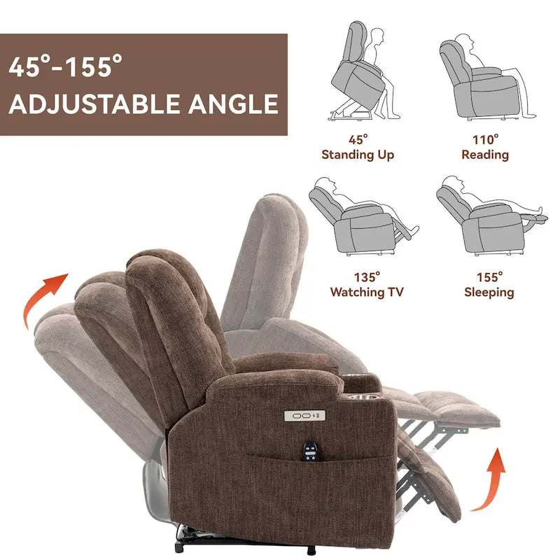 Fauteuil inclinable Power Lift avec massage et chaleur, fauteuils inclinables larges et rembourrés Lazy Boy avec ports USB, Type C et 2 porte-gobelets en acier