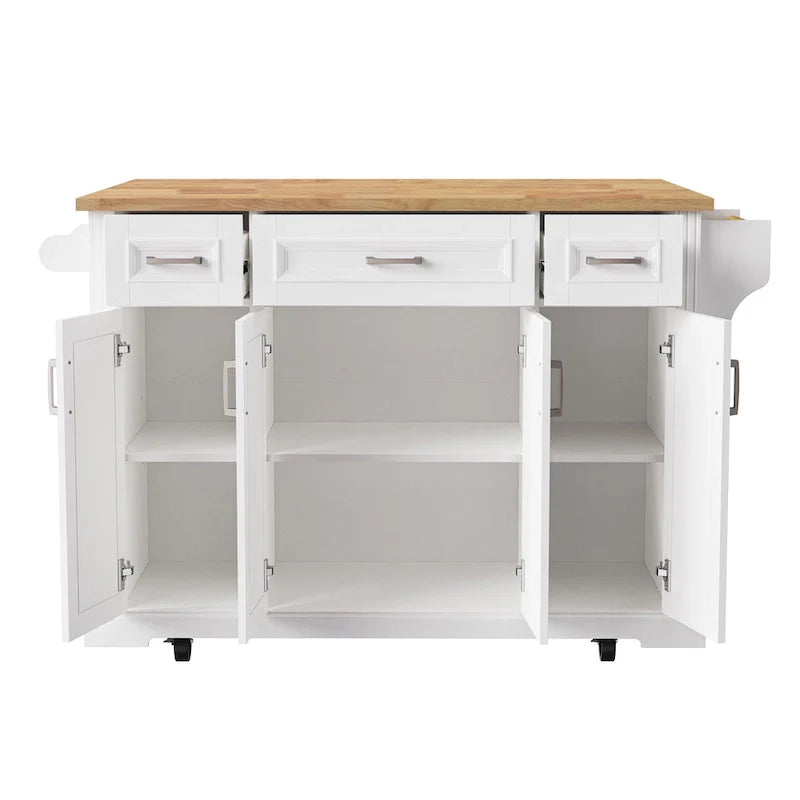 Grand îlot de cuisine avec rabat en bois, desserte de cuisine roulante texturée en relief avec portes et tiroirs avec rangement pour la cuisine, blanc