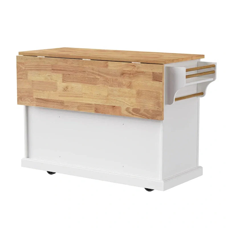Grand îlot de cuisine avec rabat en bois, desserte de cuisine roulante texturée en relief avec portes et tiroirs avec rangement pour la cuisine, blanc