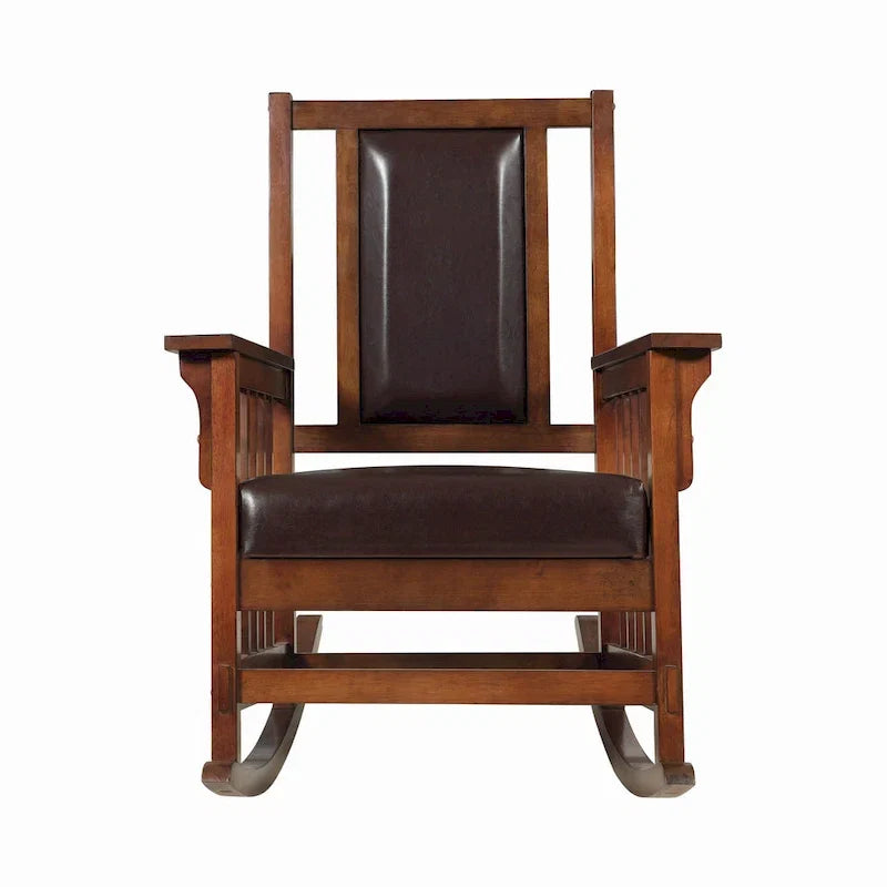 Fauteuil à bascule de style Mission, assise et dossier en cuir, tabac et marron foncé