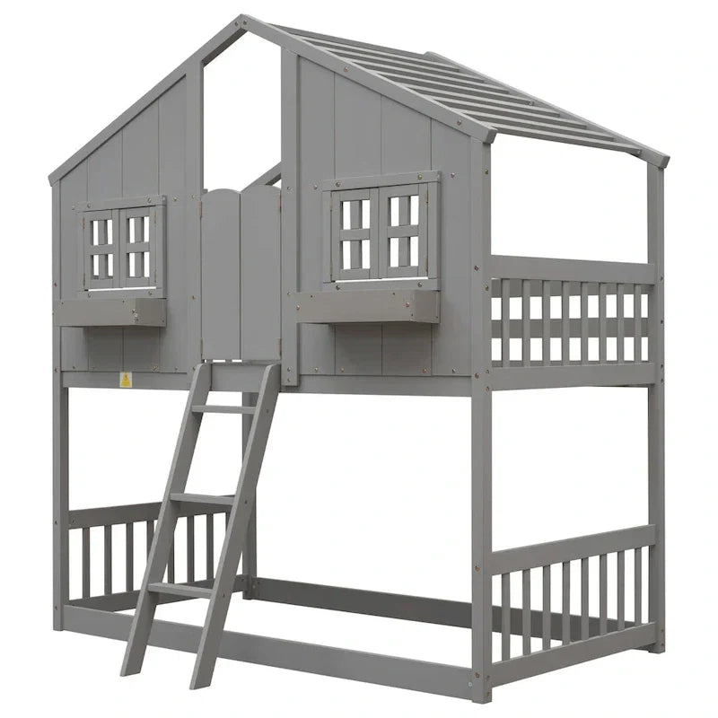 Lit superposé cabane jumeau sur jumeau avec toit, fenêtre, jardinière, porte, barrières de sécurité et échelle, gris