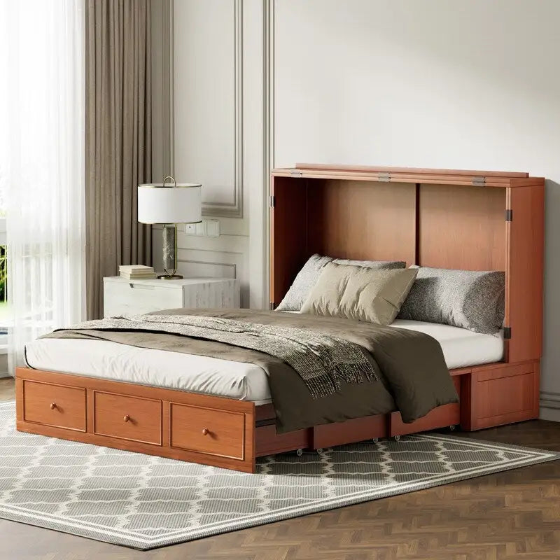 Lit escamotable avec matelas pliable, lit-armoire cube moderne avec tiroir de rangement et station de charge USB