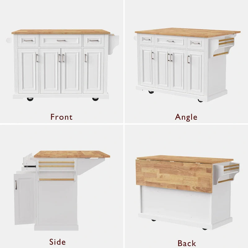 Grand îlot de cuisine avec rabat en bois, desserte de cuisine roulante texturée en relief avec portes et tiroirs avec rangement pour la cuisine, blanc