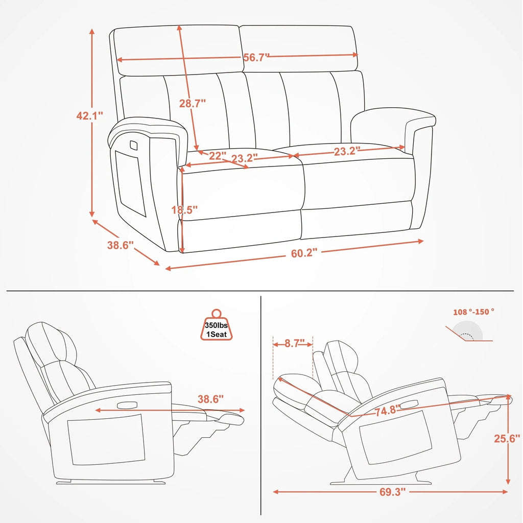 Canapé inclinable électrique MCombo 60,2 po avec massage et double chauffage, appuie-tête réglable, ports USB et Type C, tissu