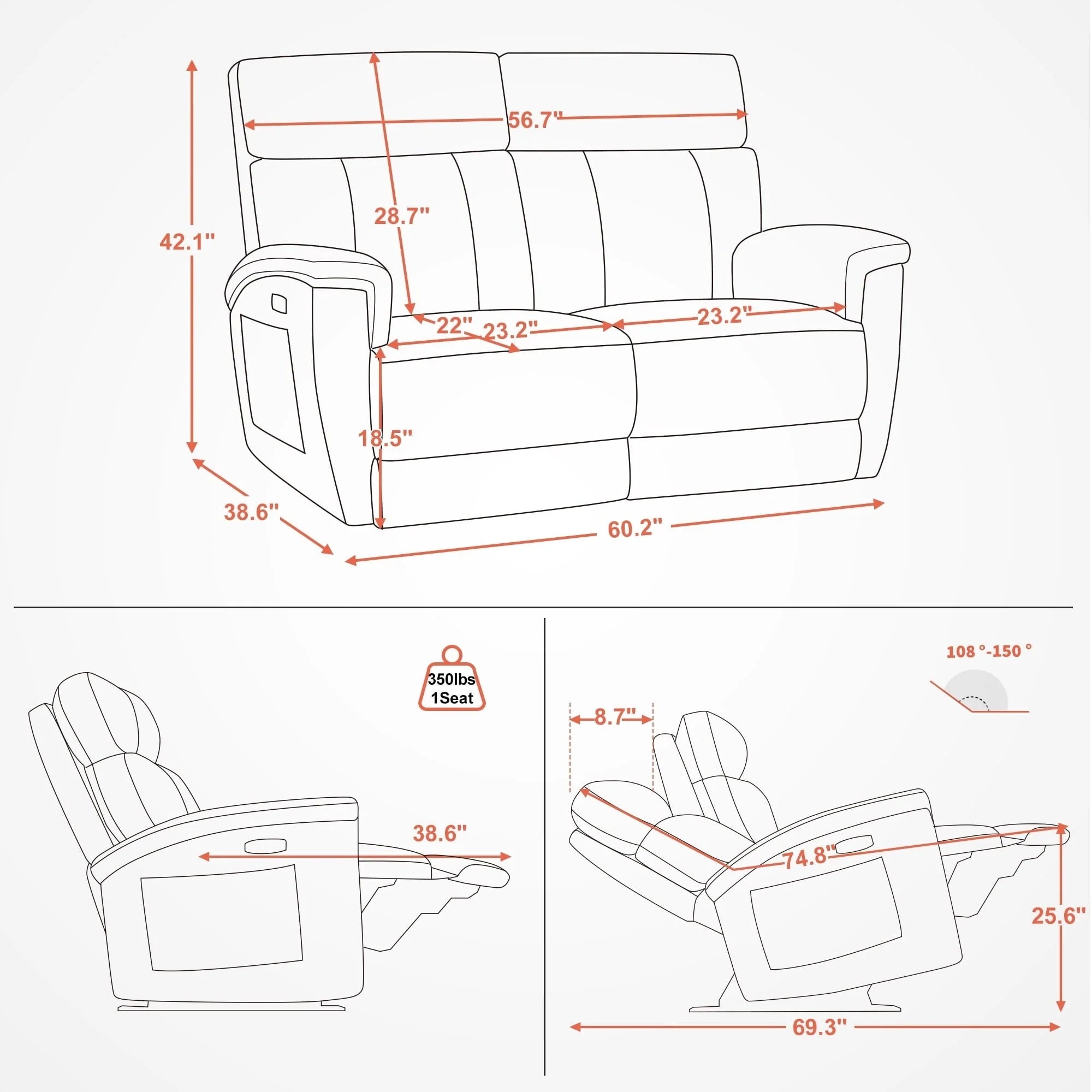 Canapé inclinable électrique MCombo 60,2 po avec massage et double chauffage, appuie-tête réglable, ports USB et Type C, tissu