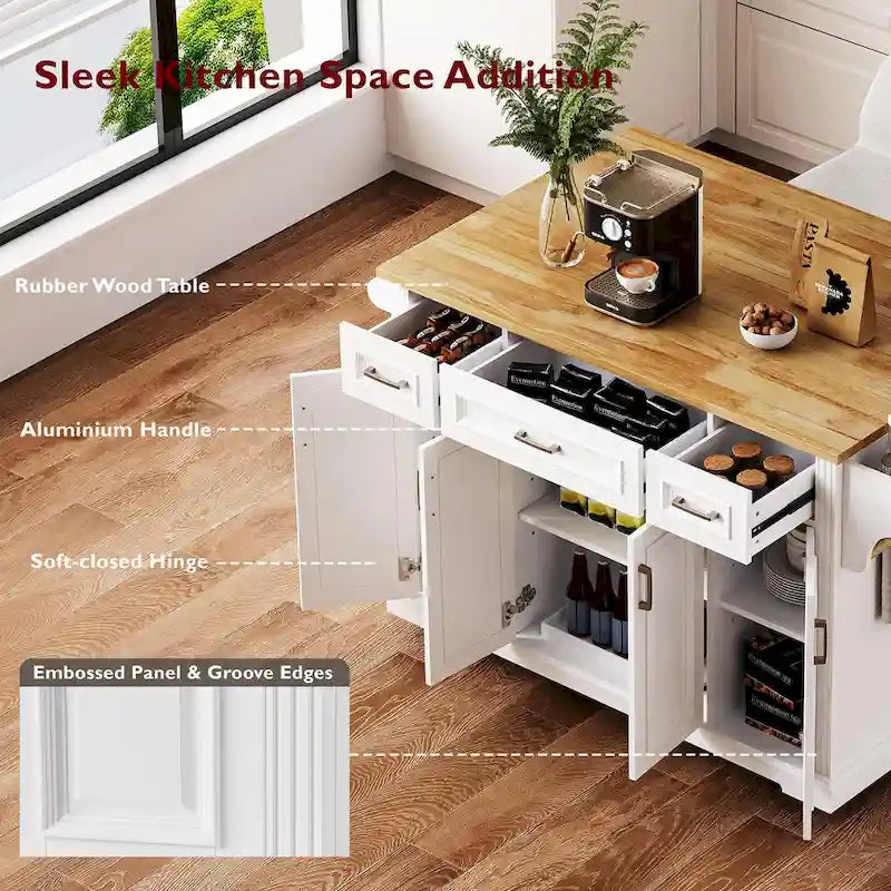 Grand îlot de cuisine avec rabat en bois, desserte de cuisine roulante texturée en relief avec portes et tiroirs avec rangement pour la cuisine, blanc