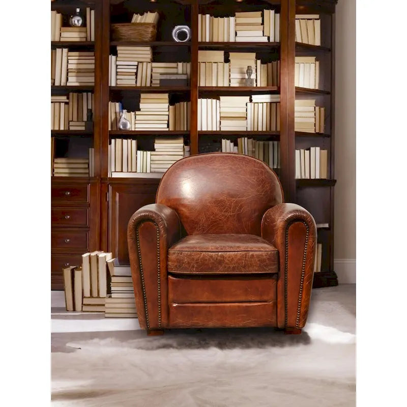 Fauteuil Club Paris en Cuir Véritable Pasargad Home, Marron