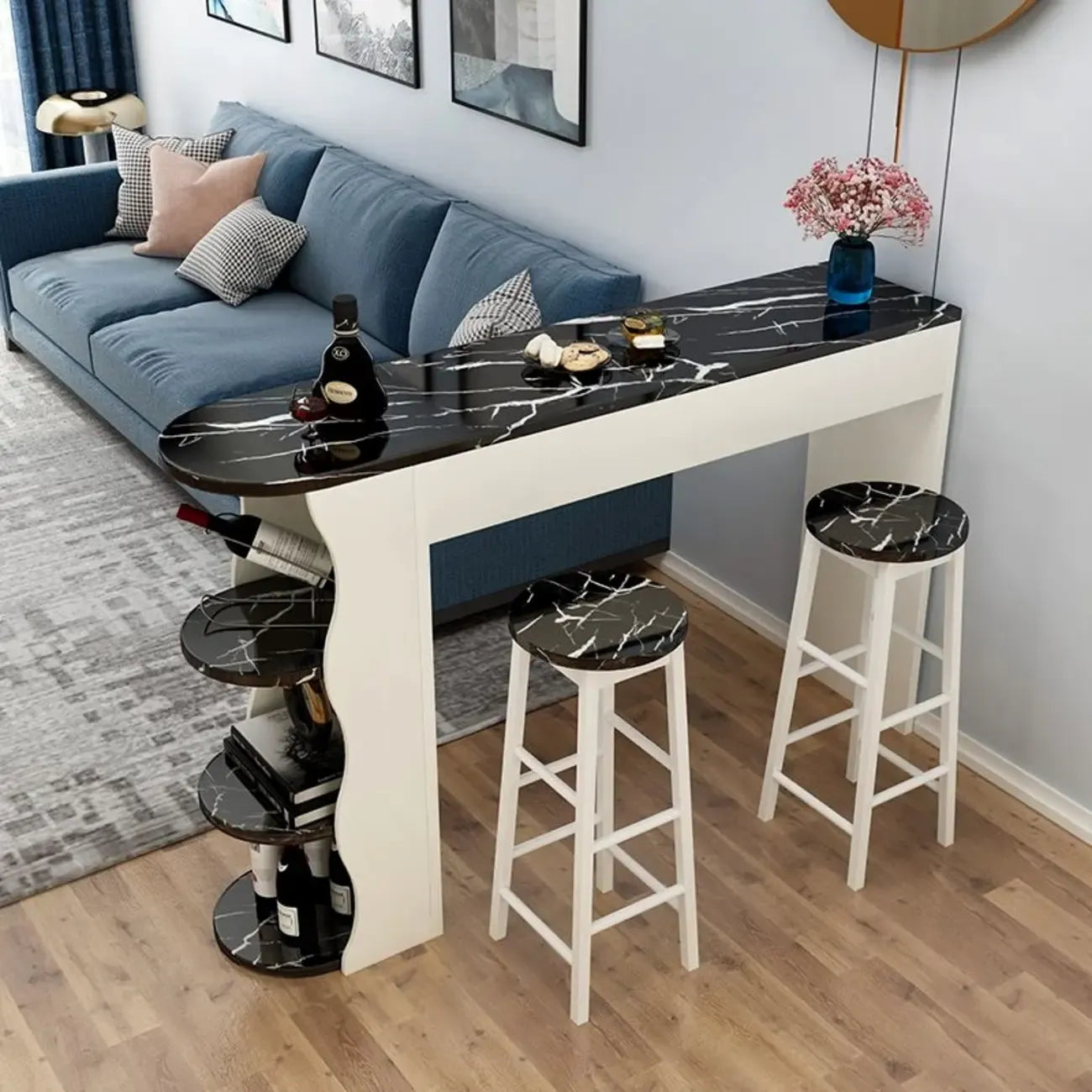 Tables de bar étagères asymétriques modernes en bois noir et blanc