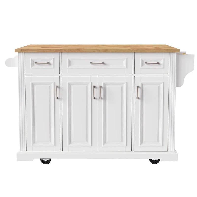 Grand îlot de cuisine avec rabat en bois, desserte de cuisine roulante texturée en relief avec portes et tiroirs avec rangement pour la cuisine, blanc