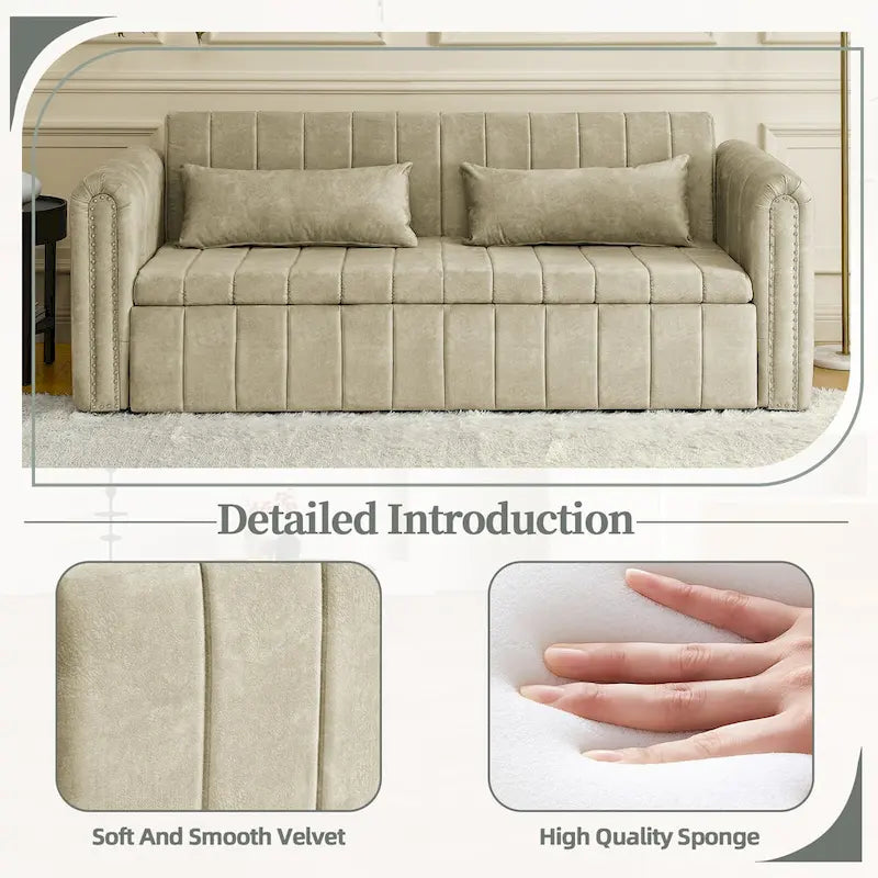 Canapé-lit convertible moderne en velours avec accoudoirs roulés et clous décoratifs couleur cuivre
