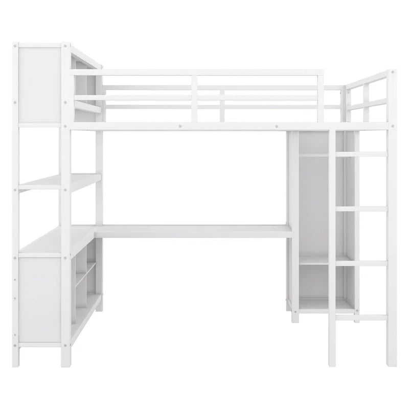 Lit mezzanine en métal blanc cassé avec bureau et armoire - Grand lit