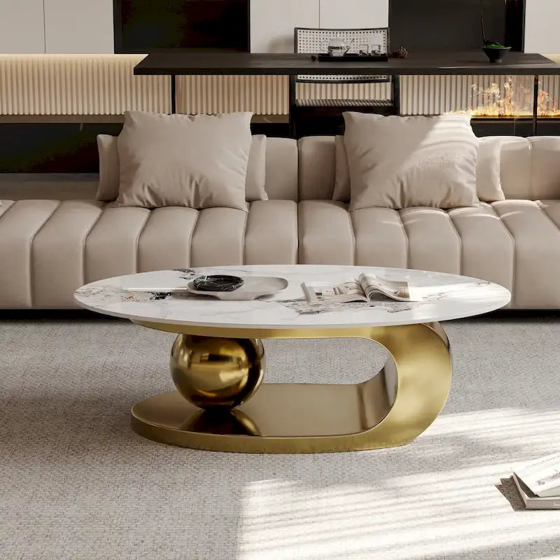 Table basse ovale moderne Pandora 51 avec plateau en pierre frittée brillante, table basse de luxe, pieds en acier inoxydable pour salon