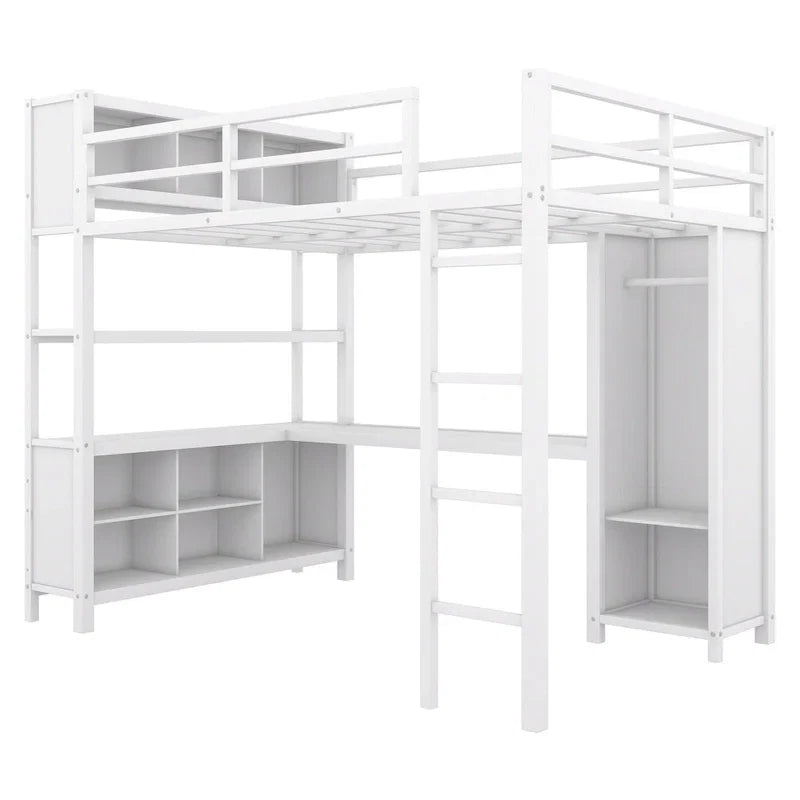 Lit mezzanine en métal blanc cassé avec bureau et armoire - Grand lit