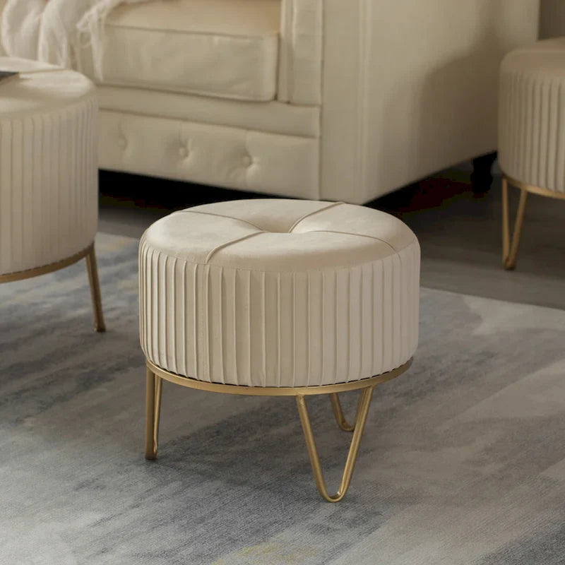 Tabouret pouf rond en velours surélevé avec base dorée épingle à cheveux