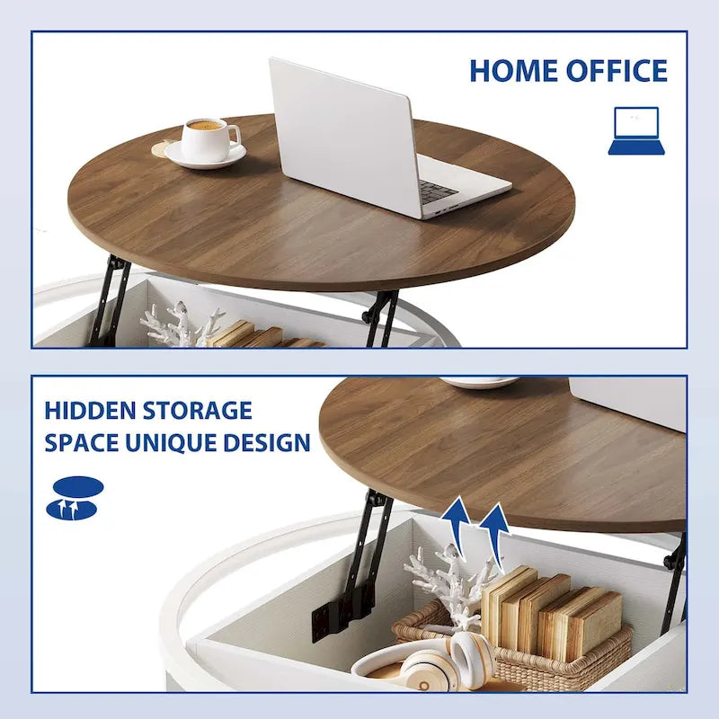 Table basse ronde relevable Moasis Farmhouse avec rangement dissimulé et étagère