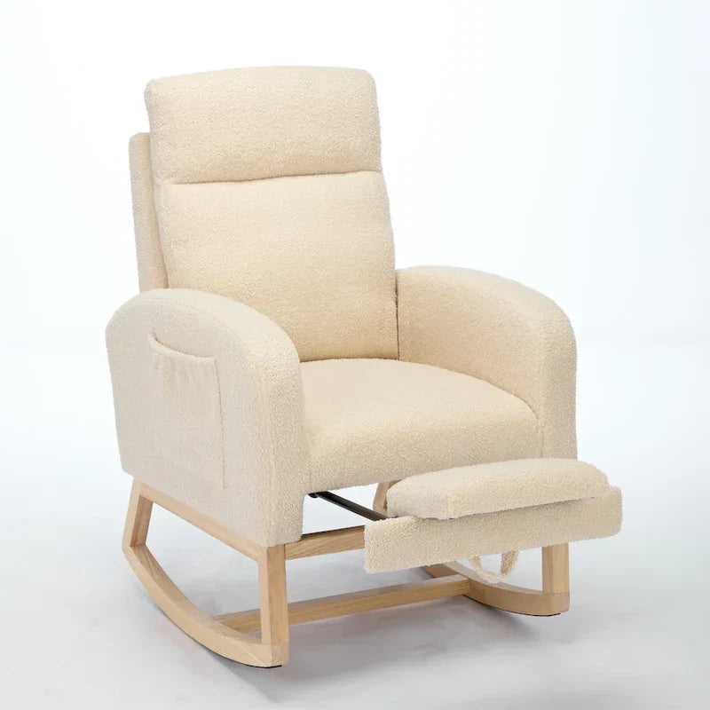 Fauteuil à bascule rembourré moderne de 75 cm de hauteur avec dossier haut, pieds en bois massif et repose-pieds réglable