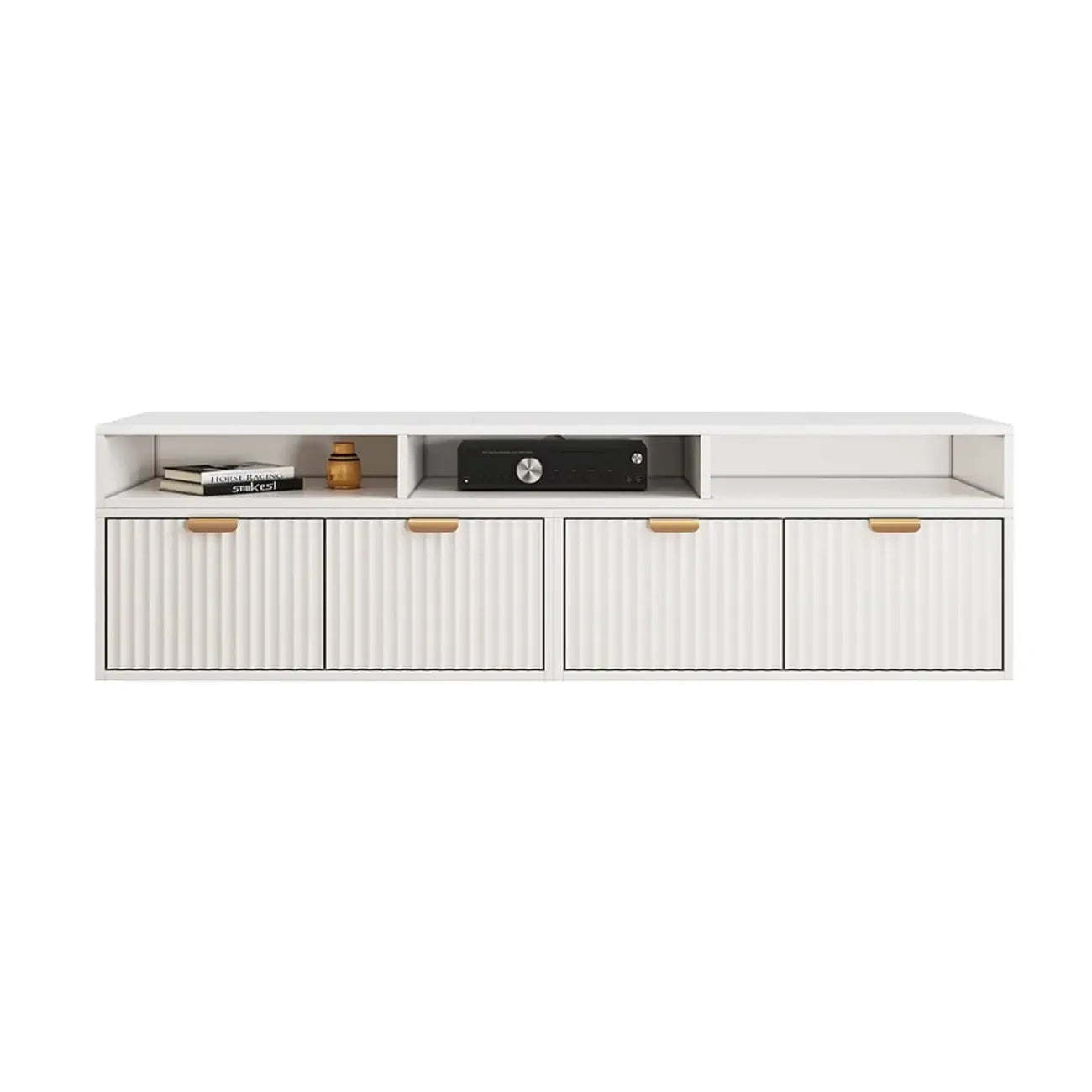 Meuble TV d'angle moderne blanc avec 2 tiroirs et rangement ouvert