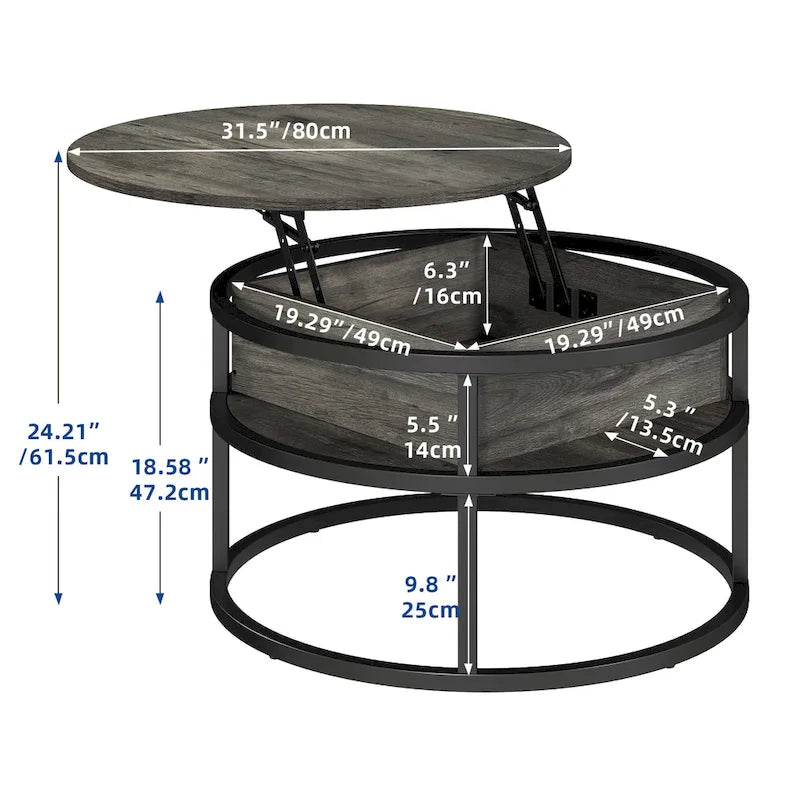 Table basse ronde relevable Moasis Farmhouse avec rangement dissimulé et étagère