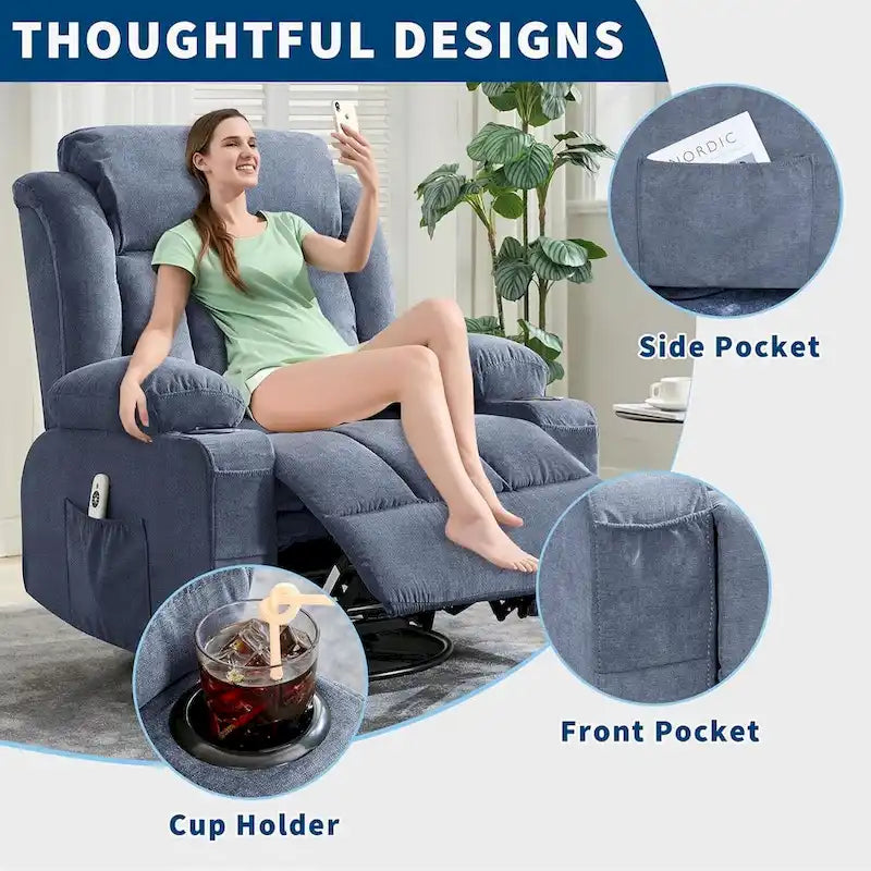 Fauteuil inclinable, Fauteuils à bascule avec massage et chauffage, Poches latérales et porte-gobelet