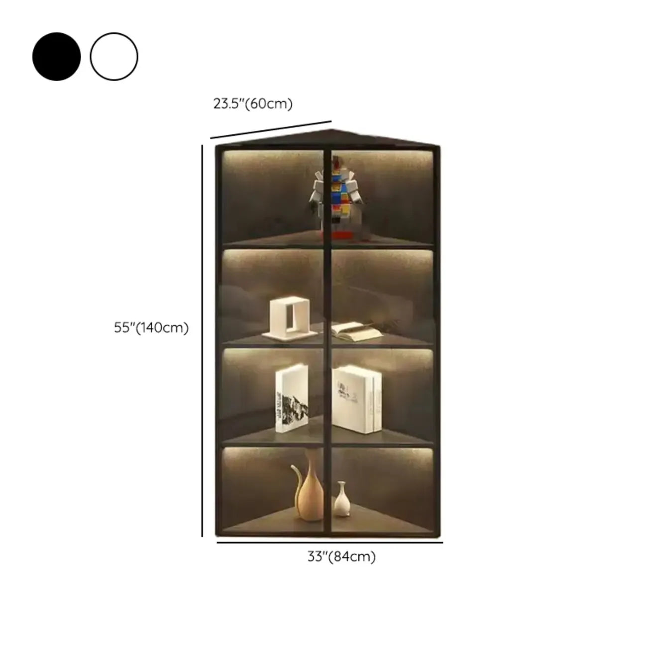 Meuble d'angle d'exposition moderne en bois et métal gris avec porte vitrée