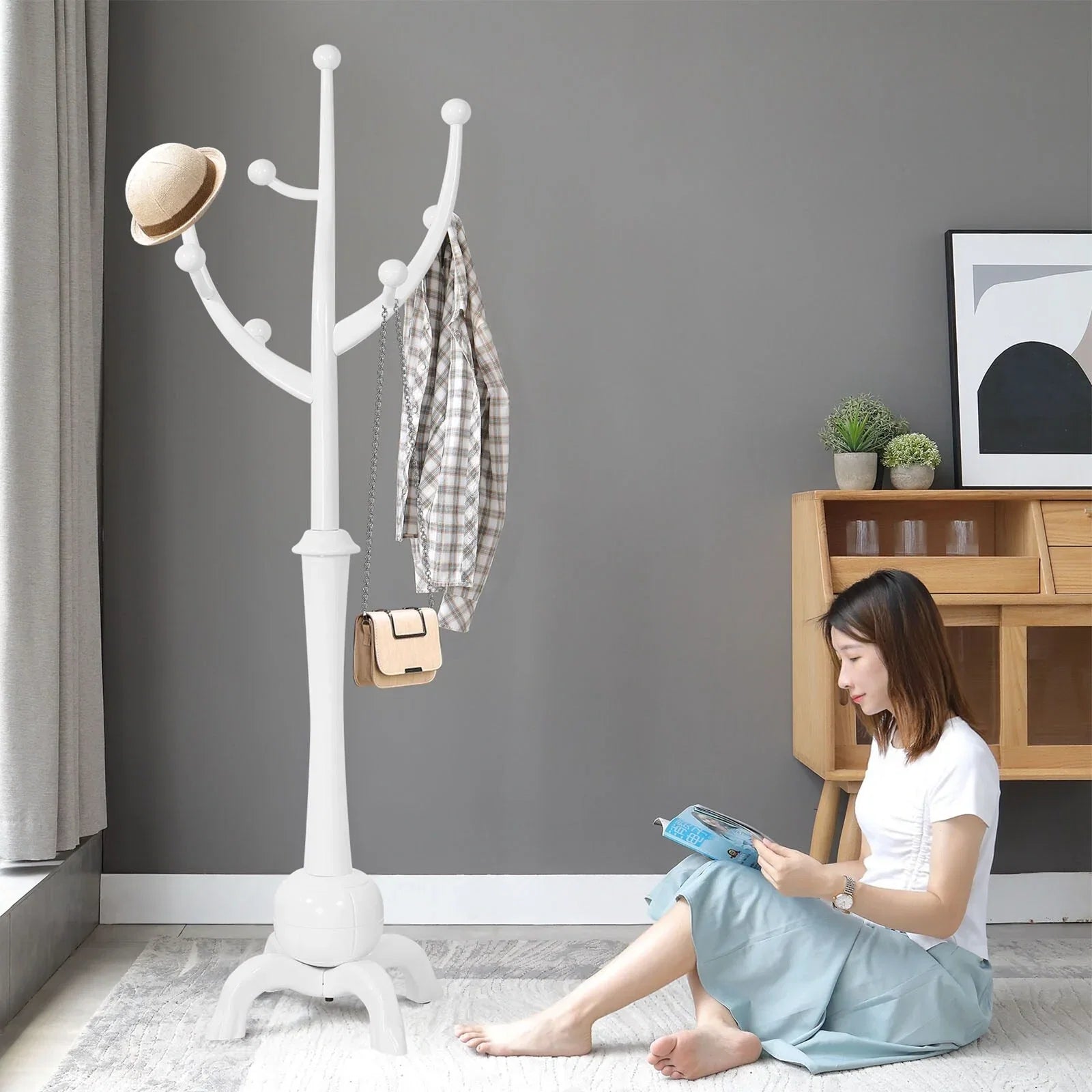 Porte-manteau sur pied en bois d'hévéa à motif de branches d'arbre avec 8 crochets - 24,5 l x 70,87 h