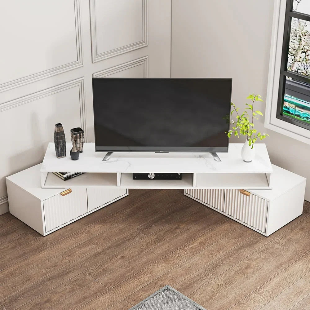 Meuble TV d'angle moderne blanc avec 2 tiroirs et rangement ouvert