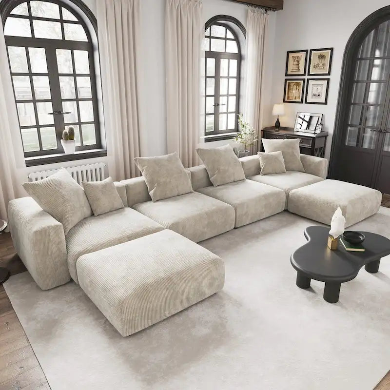 Grand canapé modulaire sectionnel en velours côtelé, en forme de U, 4 places avec 2 poufs et 5 oreillers