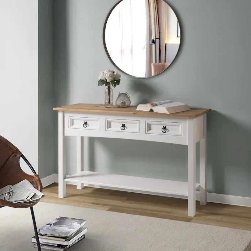 Console de couloir rustique en pin massif, blanc cérusé / marron antique / gris cérusé / non peinte, 3 tiroirs
