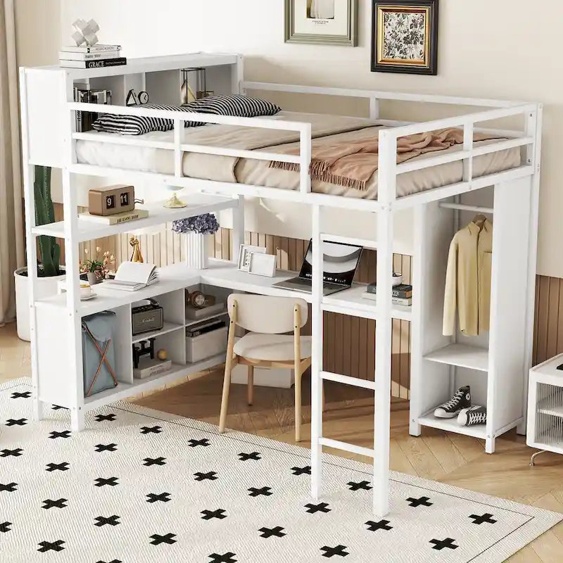 Lit mezzanine en métal blanc cassé avec bureau et armoire - Grand lit