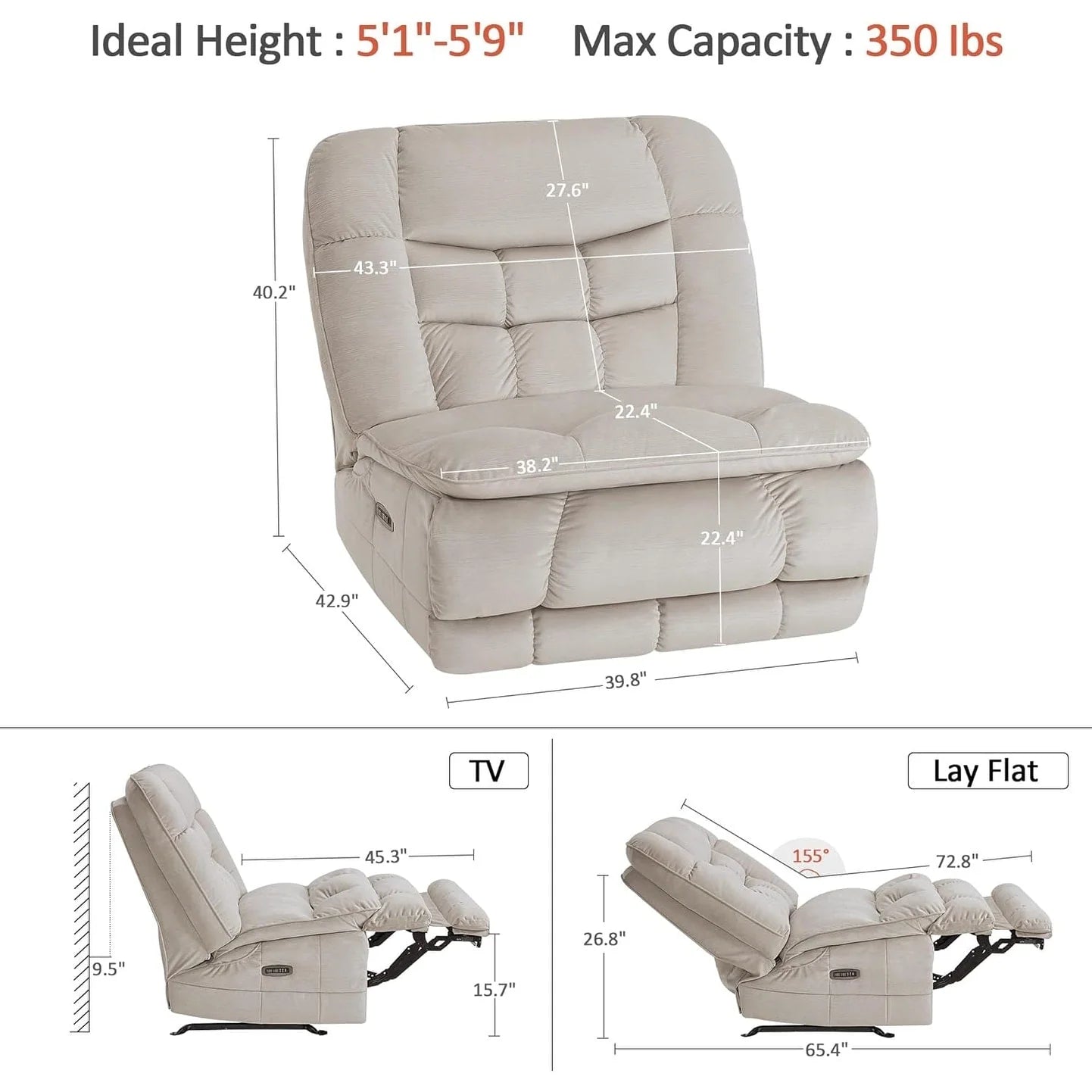 MCombo Fauteuil inclinable électrique sans accoudoirs surdimensionné à double moteur, inclinable Zeroarms parfait pour le salon en tissu PR607