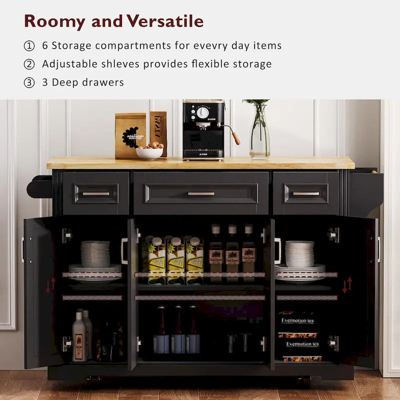 54 Grand îlot de cuisine avec plateau rabattable en bois d'hévéa, chariot de cuisine roulant à texture gaufrée sur 4 roues avec 4 portes et 3 tiroirs