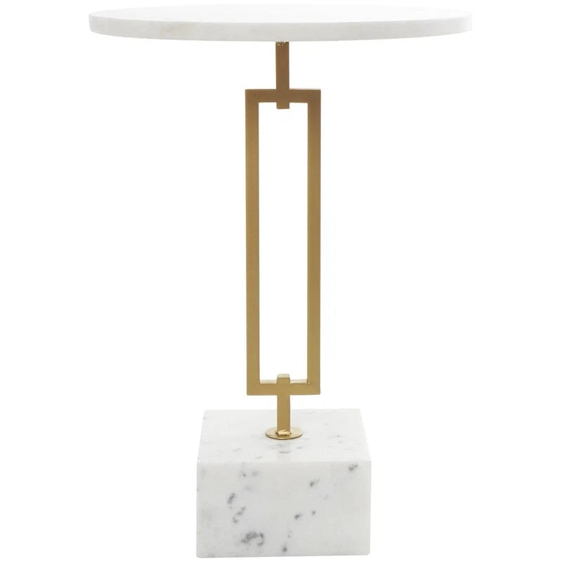 Table d'appoint géométrique en marbre avec support rectangulaire en métal doré - Blanc