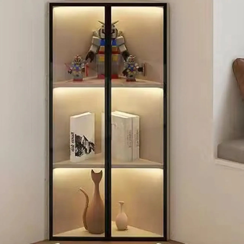 Meuble d'angle d'exposition moderne en bois et métal gris avec porte vitrée