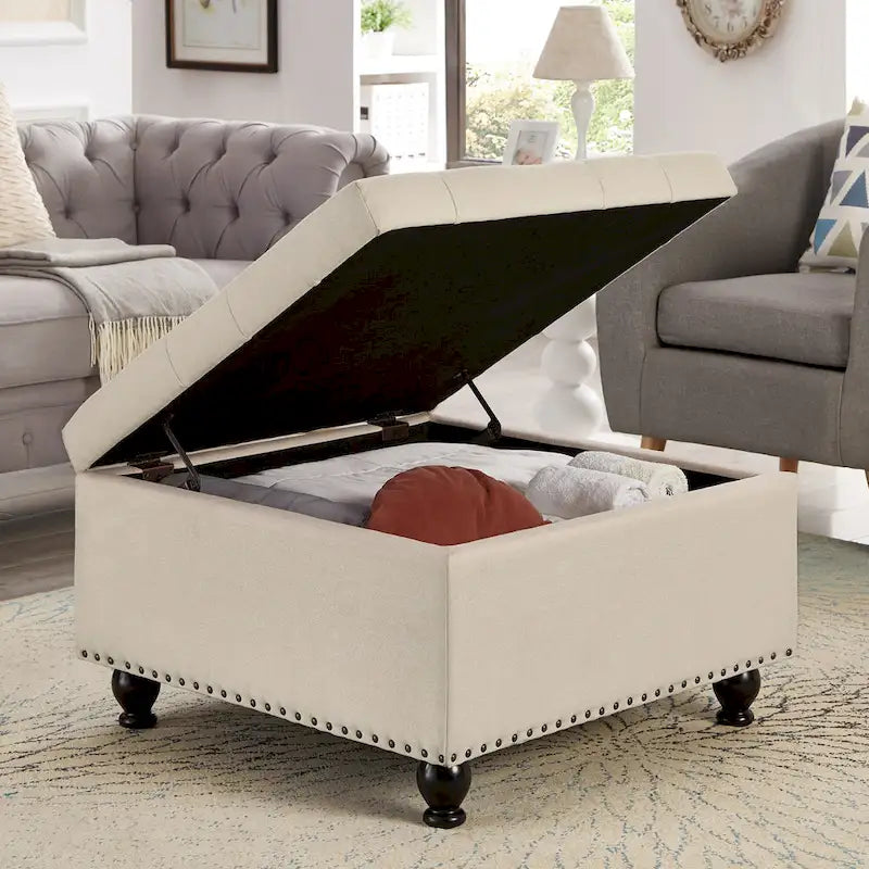 Grand pouf de rangement carré avec pieds en bois