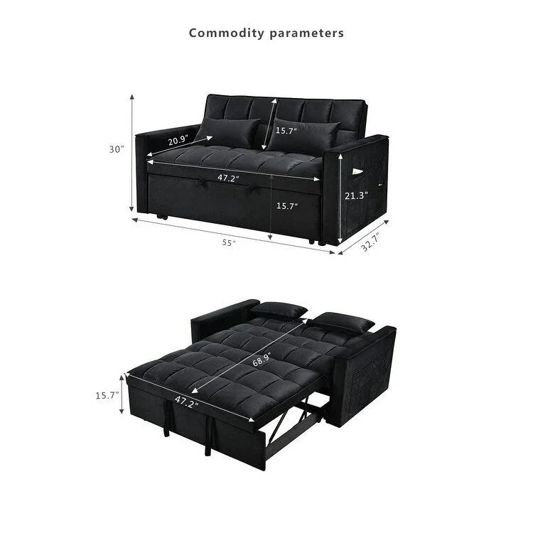 Causeuse moderne en velours avec dossier inclinable et poches, 2 places – Gris foncé / Gris clair / Bleu / Noir
