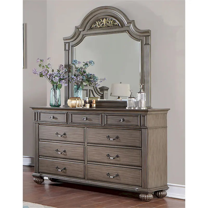 Commode traditionnelle à 9 tiroirs et miroir, 2 pièces