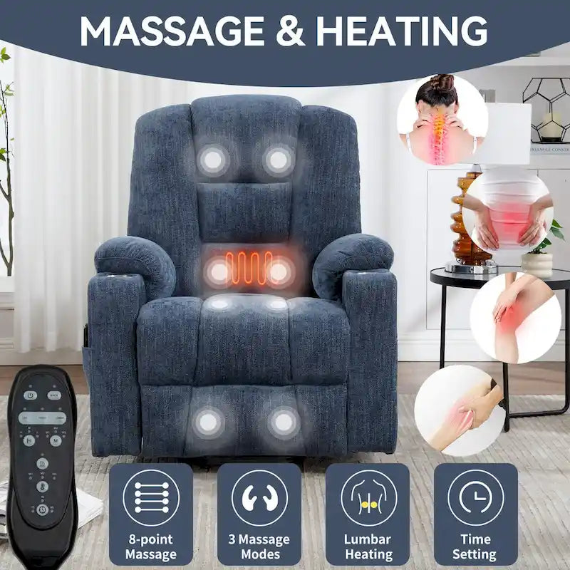 Fauteuil inclinable Power Lift avec massage et chaleur, fauteuils inclinables larges et rembourrés Lazy Boy avec ports USB, Type C et 2 porte-gobelets en acier